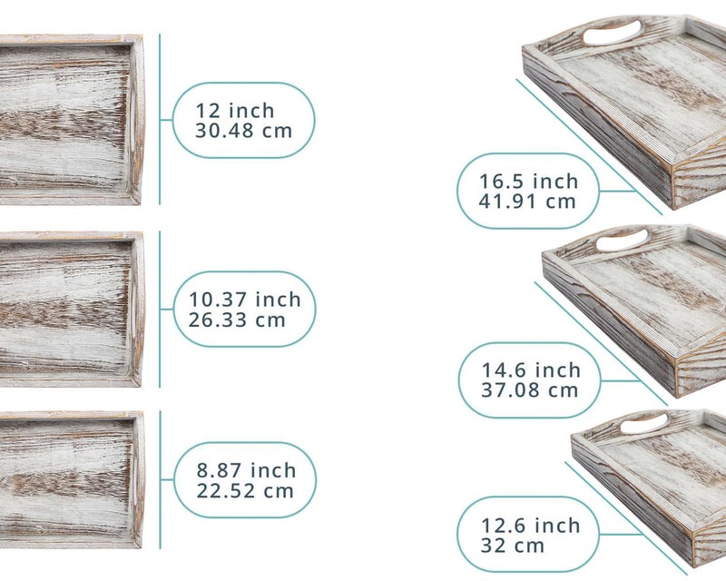 Comfify Serving Trays Set of 3 - Ottoman Wood Trays for Entertainment, Food and Decor - Rustic Farmhouse Distressed Wood Finish - Rustic White - Image 3